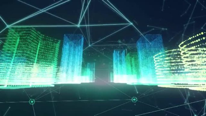 发光的3d城市景观上的连接网络动画