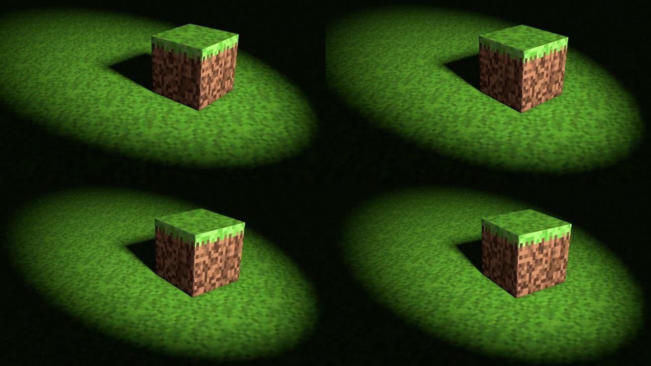 电子游戏几何镶嵌波浪图案。使用棕色和绿色的草块建造丘陵景观。聚光灯闪耀，黑影。《我的世界》风格。4k