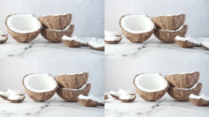 在桌布上切成薄片的新鲜椰子