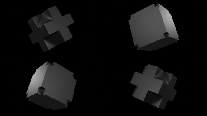 抽象黑色立方体。转变为加号形式。孤立的循环动画。3d渲染。块或正方形或盒子