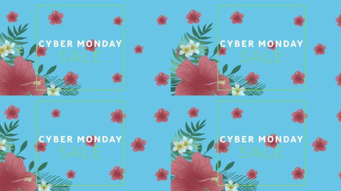 蓝色背景红色花朵上绿色框的网络星期一销售文本动画