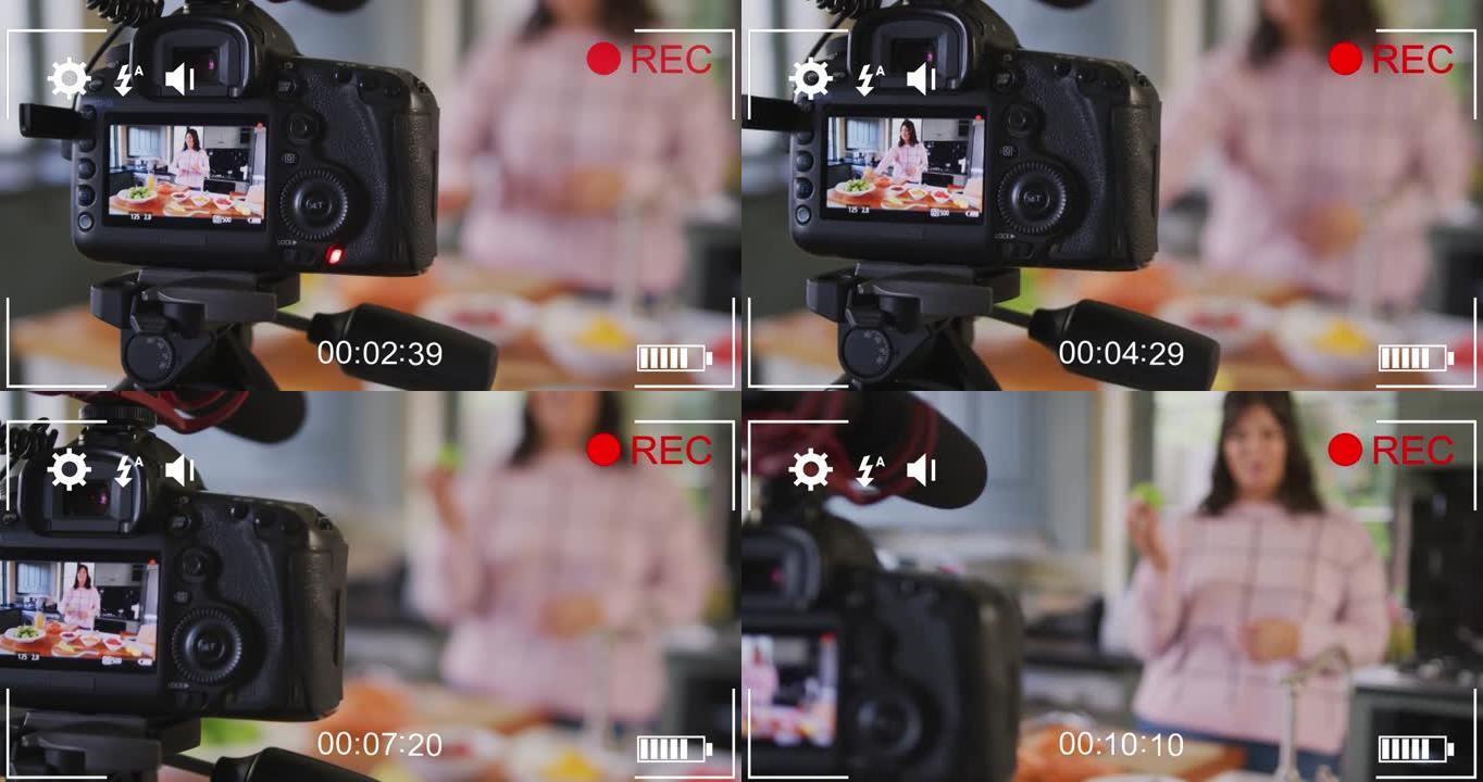 女性烹饪视频记录器上的摄像机查看器数字界面动画在家录制视频日志