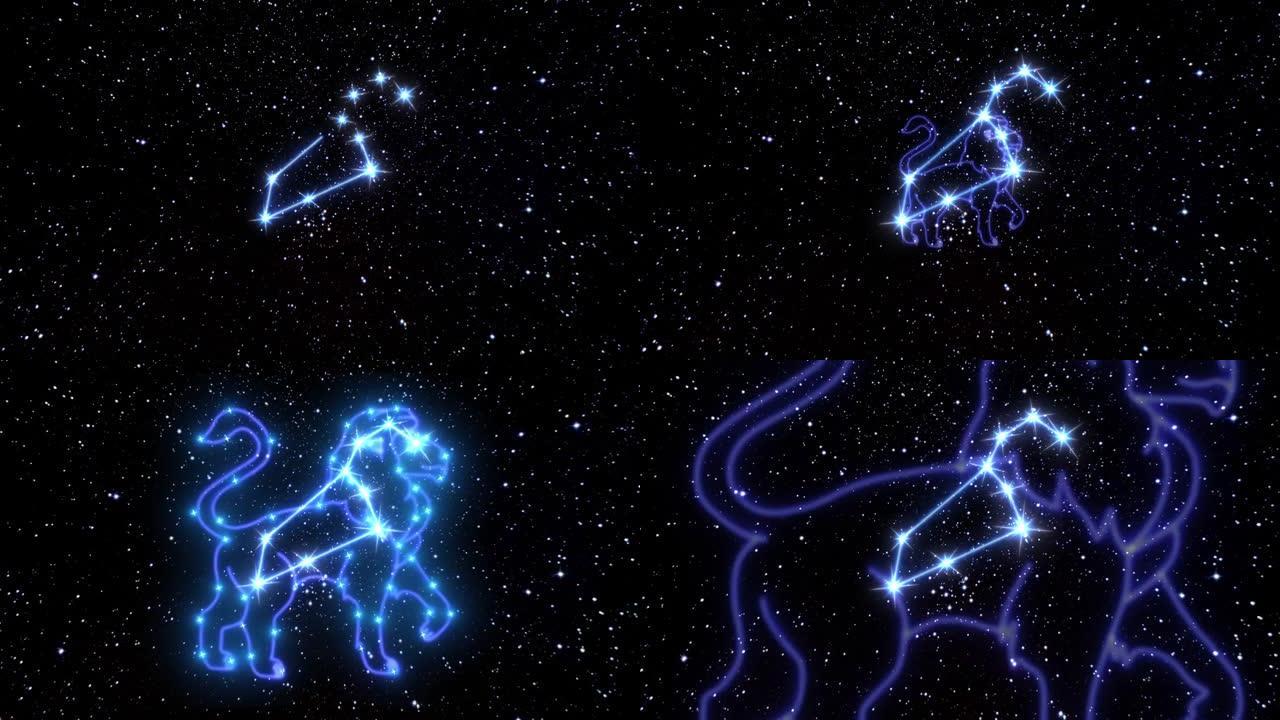 黄道星座狮子座是由发光线连接的亮星星座。宇宙夜空中黄道十二宫星座的动画。星座和星座的象征。