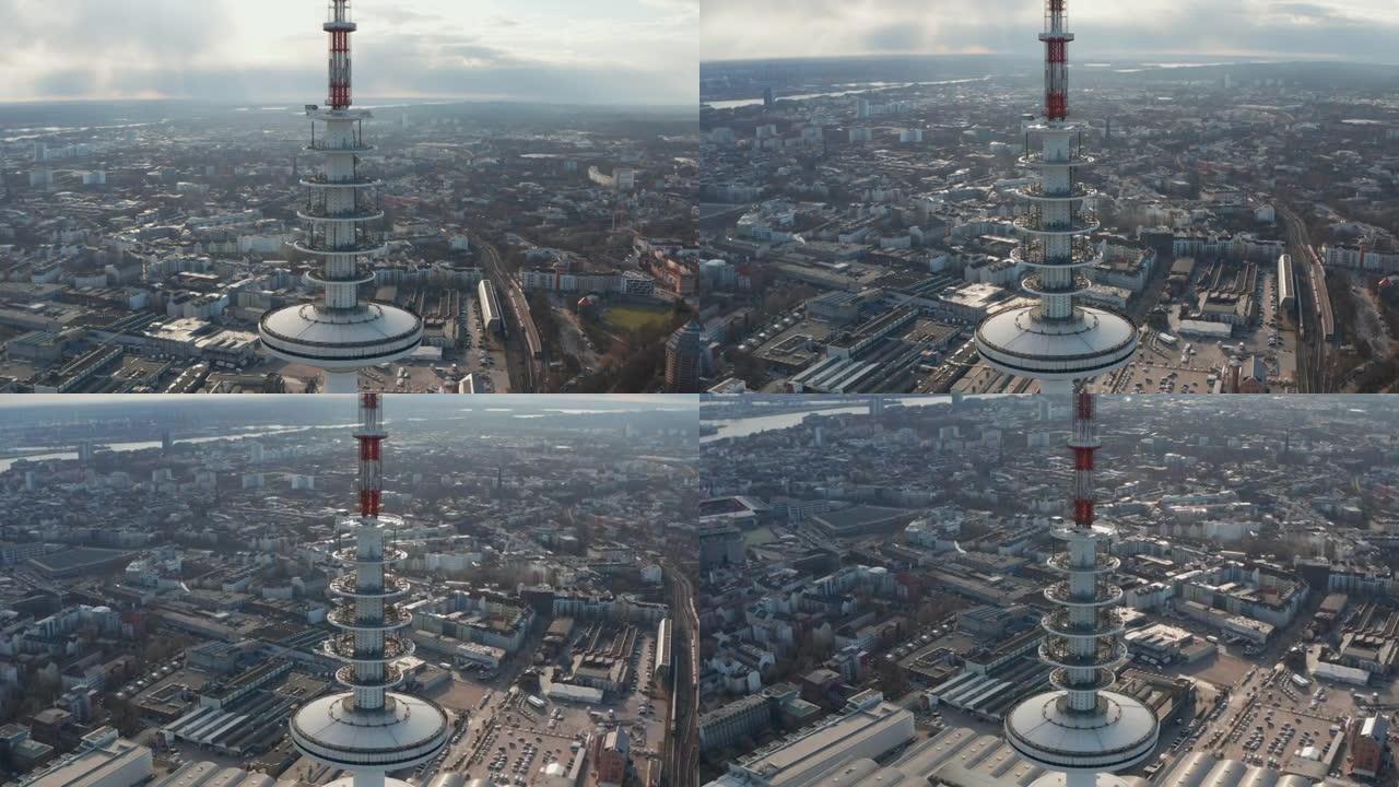 汉堡市中心海因里希·赫兹电视塔顶部卫星天线和天线的近距离鸟瞰图