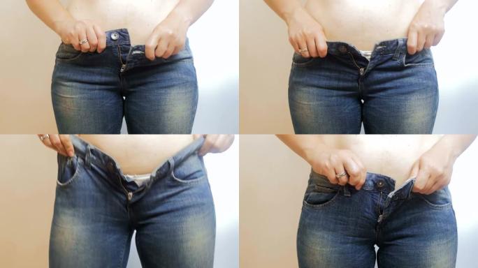 肥胖女性试图穿上小牛仔裤的4k视频