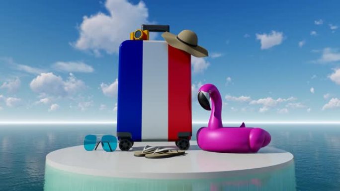 3D假日概念，法国国旗手提箱，对抗海空