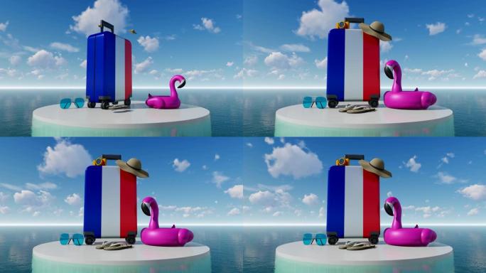 3D假日概念，法国国旗手提箱，对抗海空