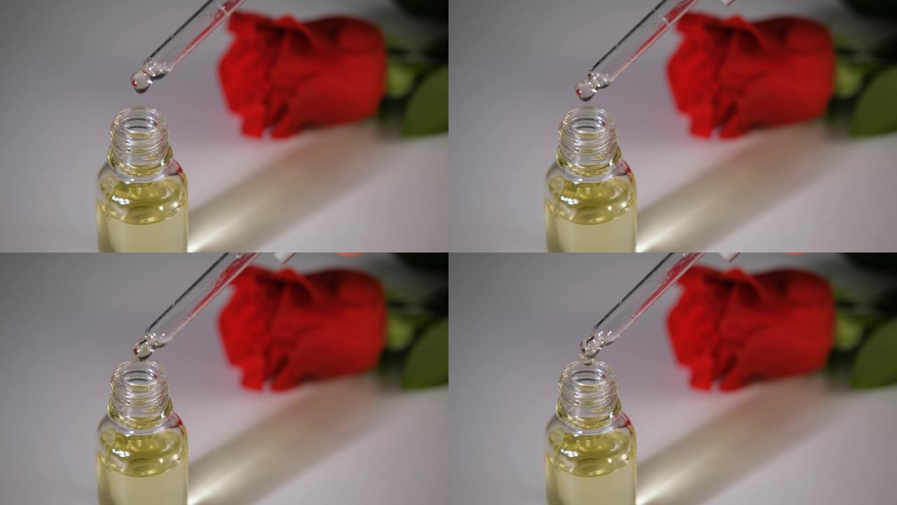 面部和身体用化妆油，背景中带有玫瑰油的瓶子