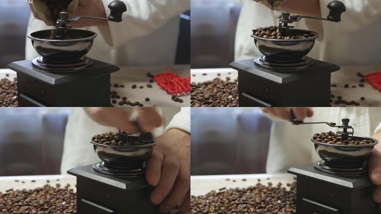 早晨，一个穿着白大褂的男人将咖啡豆从布袋中倒入复古的咖啡研磨机中。多莉开枪。手工制作的美式早晨能量提
