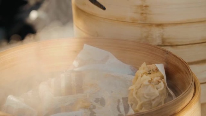 Dim-sam亚洲中国饺子pelmeni在食品卡车节上关闭