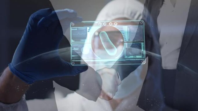 个人防护用品套装中的男子动画，屏幕病毒单元和男子握手数据处理