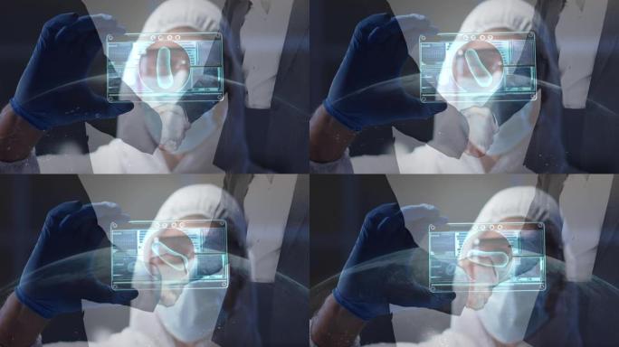 个人防护用品套装中的男子动画，屏幕病毒单元和男子握手数据处理