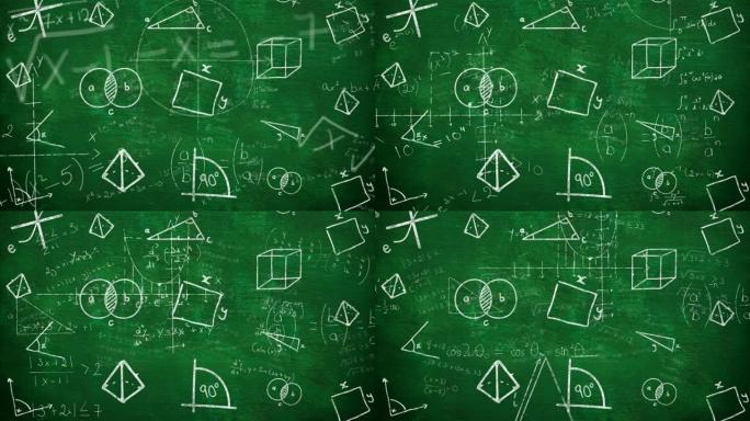 绿色背景上的数学方程对多个几何形状的数字动画