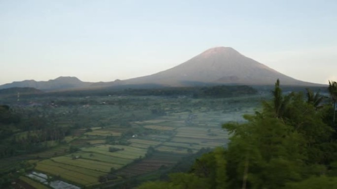 无人驾驶飞机在树木上飞向阿贡火山