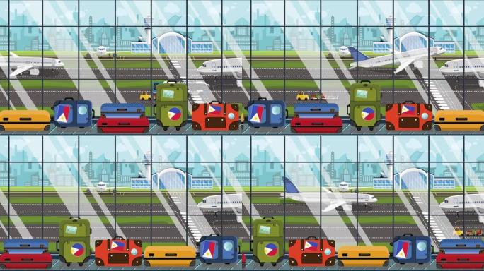 在机场的行李传送带上贴有菲律宾国旗贴纸的手提箱。旅游相关可循环卡通动画