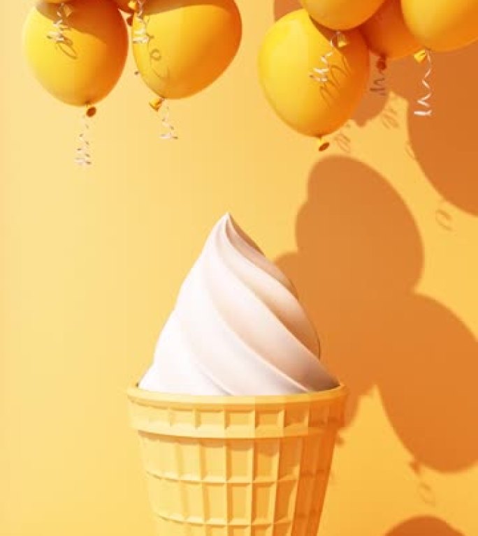白色牛奶冰淇淋，黄色背景和气球最小概念3d渲染