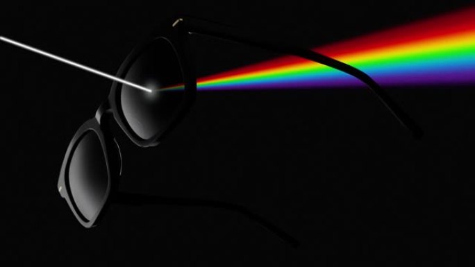 偏光镜片的概念，黑色背景上孤立的太阳镜过滤阳光的光线，用彩虹色插图
