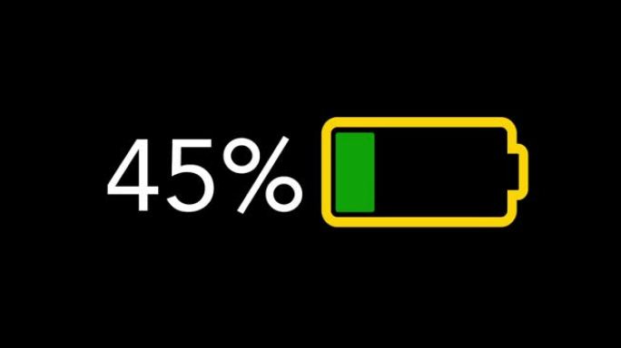 黑色背景上电池充电和百分比从零增加到100的图形动画。充电时，电池颜色从红色变为白色。4k视频。60