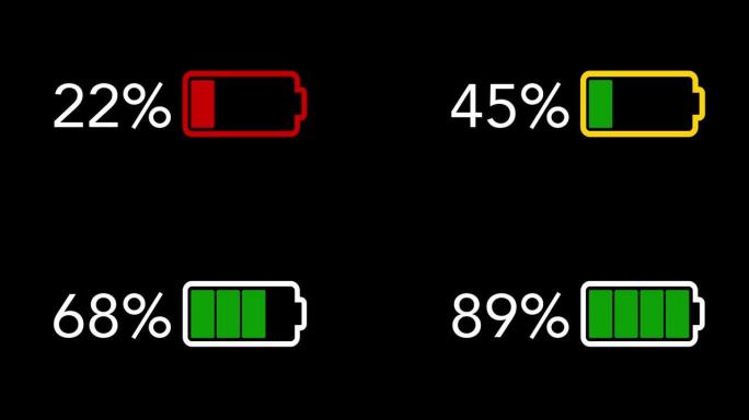黑色背景上电池充电和百分比从零增加到100的图形动画。充电时，电池颜色从红色变为白色。4k视频。60