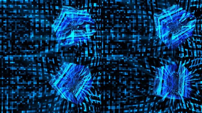 立方体反射抽象黑暗洞穴波形可视化波技术数字表面背景，动画抽象蓝色色调方光粒子图案振荡