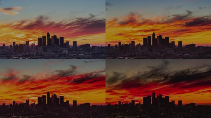 延时-洛杉矶市中心城市景观上惊人的日落云