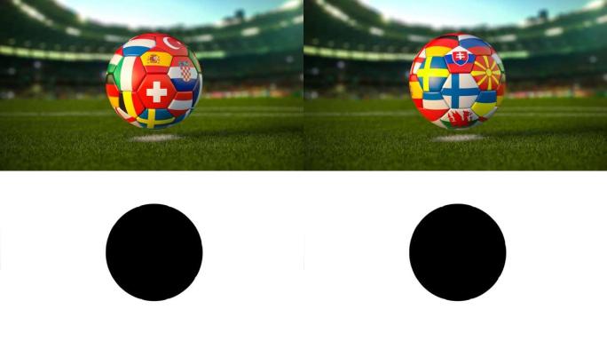 足球场草地上有欧洲国家国旗的足球足球。欧洲冠军2021。
