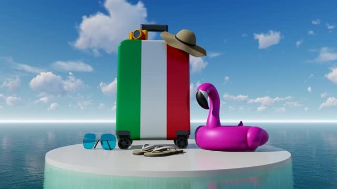 3D假日概念，带有意大利国旗手提箱，可抵御海空
