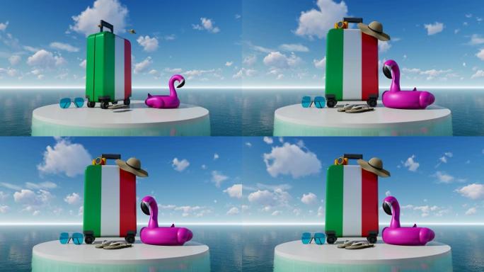 3D假日概念，带有意大利国旗手提箱，可抵御海空