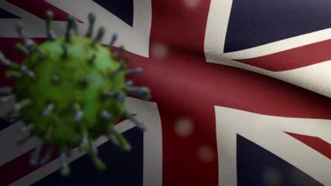英国国旗挥舞和冠状病毒2019 nCov。病毒Covid 19特写
