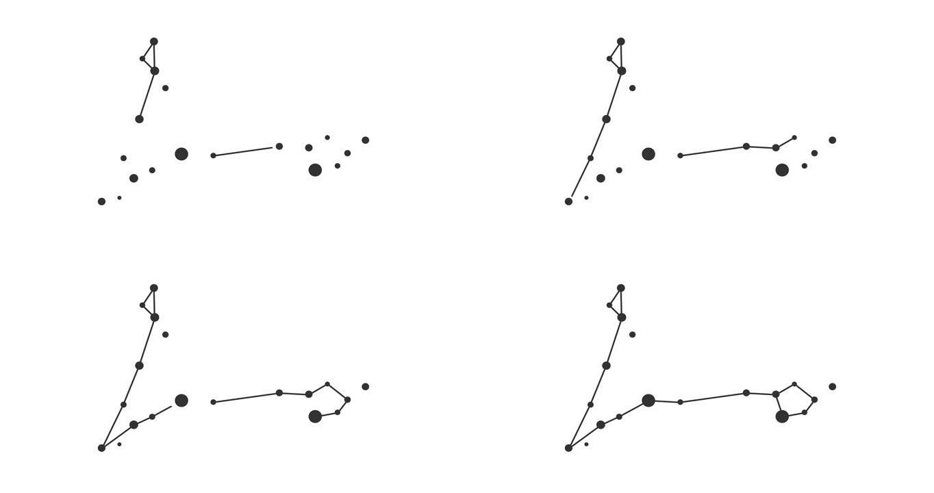 双鱼座星座。夜空中的星星。黑白线条艺术风格的星座。星系团。横向构图，4k视频质量