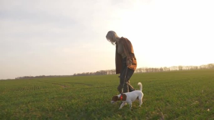 母子带着狗在夕阳的绿色麦田里奔跑