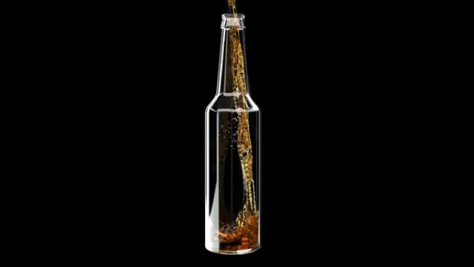 酒精液体啤酒倒入黑色4k的玻璃瓶中