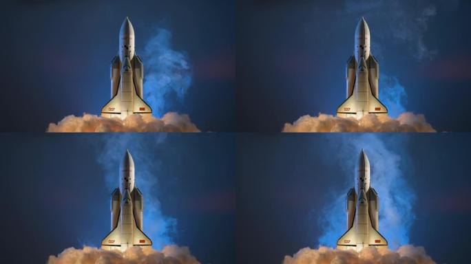 蓝色背景上的发射台复合体，带背光。苏联太空探索任务机组人员成功发射火箭。飞行飞船起飞时会燃烧火焰和烟