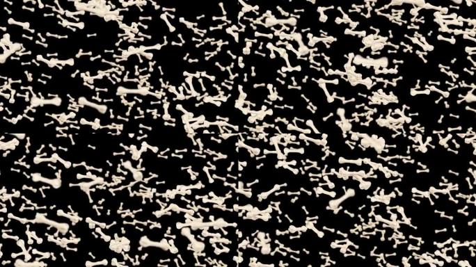 在黑色背景上飞行许多骨头。狗骨图标。宠物食品。骨骼旋转的3D动画。循环动画。