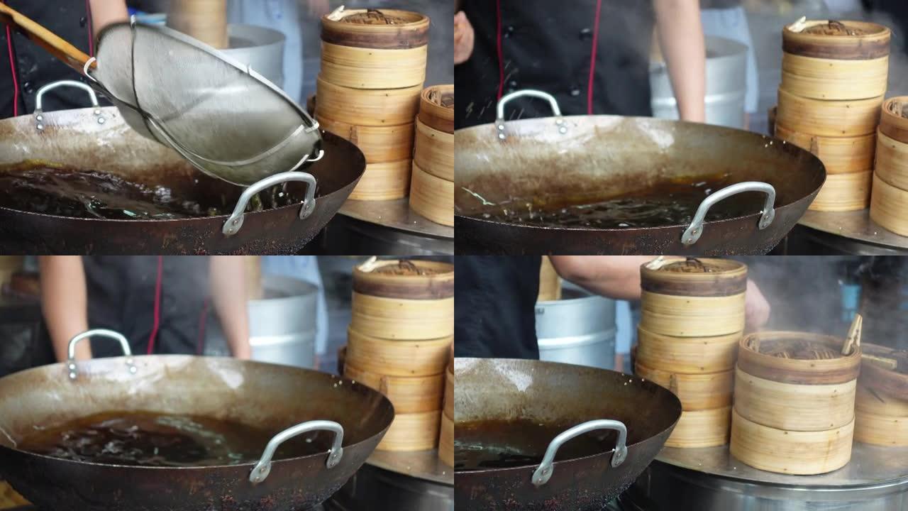 中式点心餐厅在大锅中重复使用的油