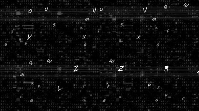 黑色背景上科学数据处理上的浮动字母动画