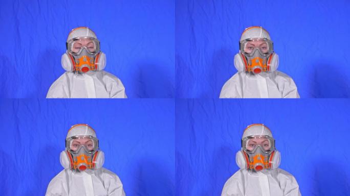 女人特写肖像佩戴防护医用气溶胶喷漆面罩呼吸器。概念健康安全N1H1病毒冠状病毒流行病2019 nCo