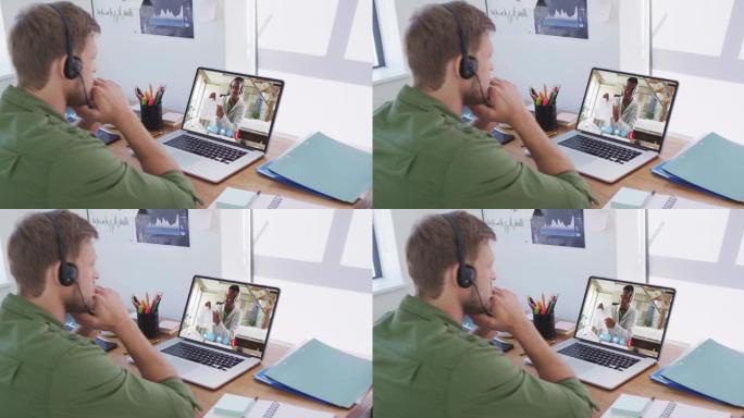 白人商人坐在办公桌前，使用笔记本电脑与男同事进行视频通话