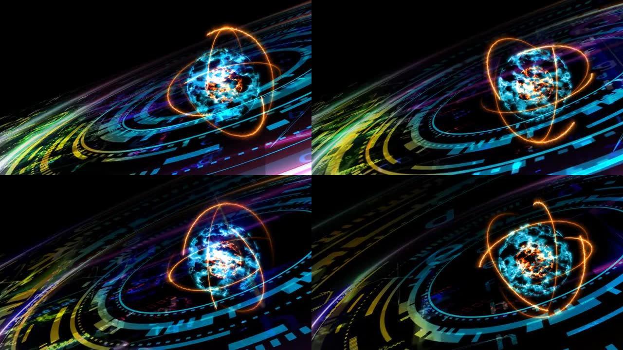 量子未来计算机技术环效应和抽象彩色核心原子与数字矩阵模板和激光