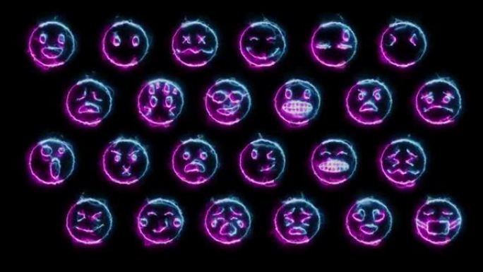 24张表情表情的动态发光效果集。霓虹灯情绪迹象。循环