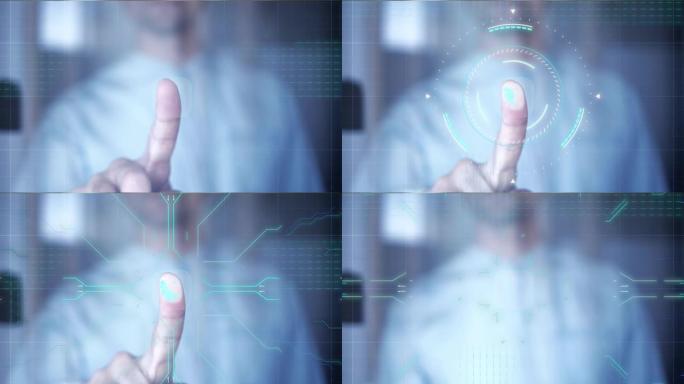 门禁系统未来派个人身份生物认证概念: 一位商人将手指放在玻璃扫描仪上进行扫描和解锁。