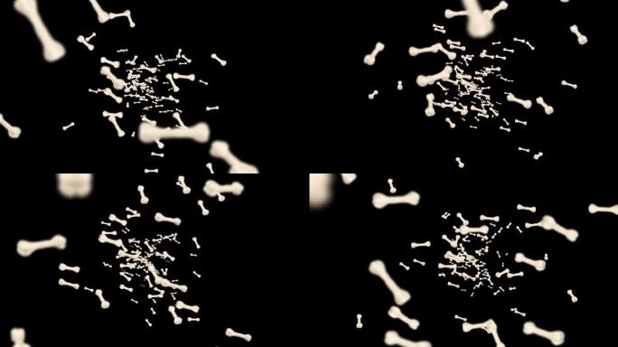 在黑色背景上飞行许多骨头。狗骨图标。宠物食品。骨骼旋转的3D动画。循环动画。