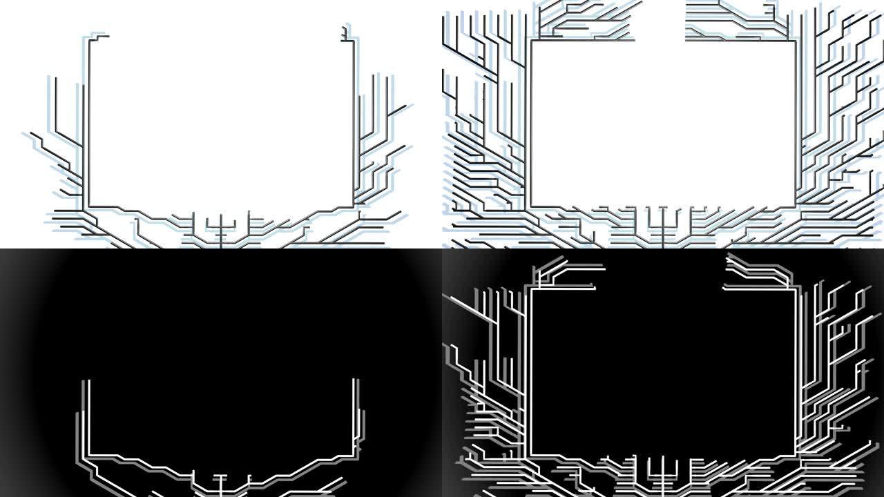 4k白色bg上的抽象黑色线框。Ai不断增长的线的几何图案形成了具有复制空间，计算分支，节点和交点的框