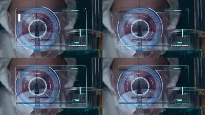 通过液体倾倒在医生手持注射器上的covid 19细胞和范围扫描动画