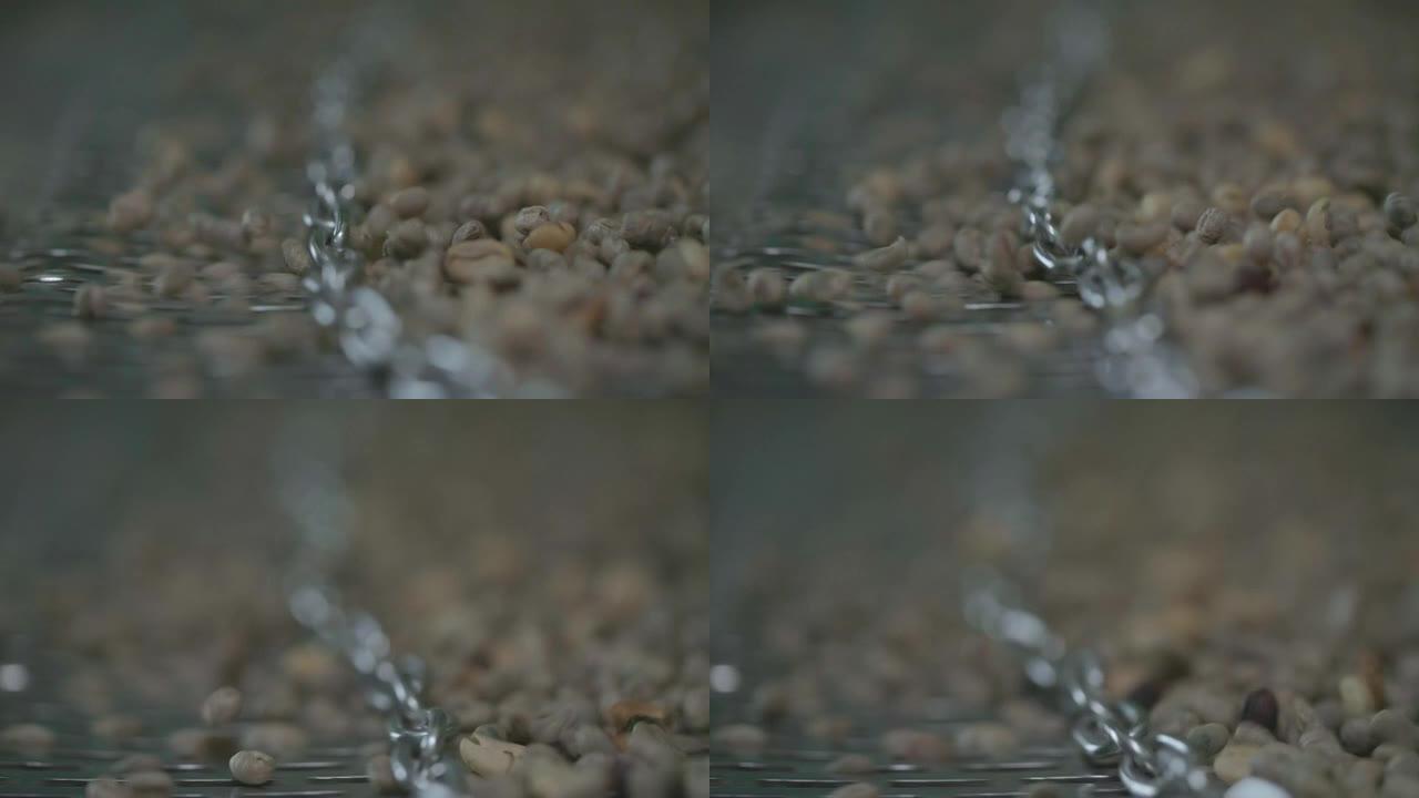 电影特写镜头使用咖啡豆分拣机烘烤，根据大小选择咖啡豆。