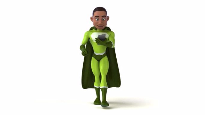 有趣的3D卡通超级英雄用智能手机行走