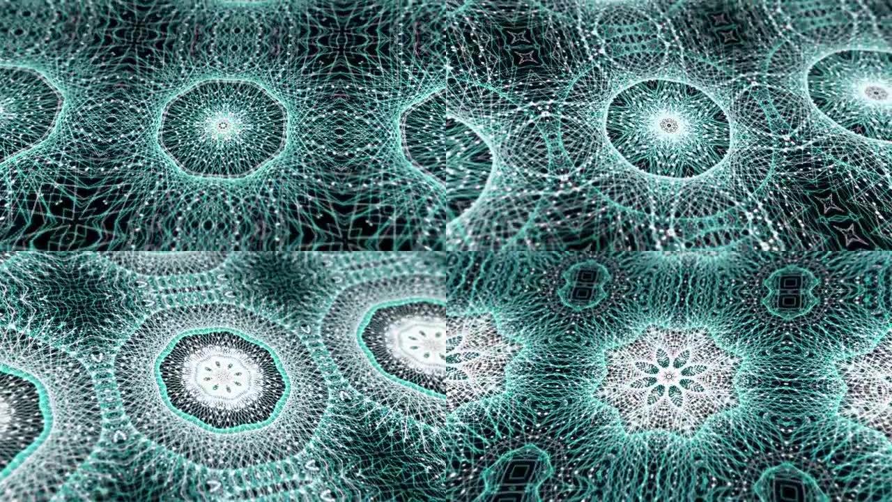 数字曼陀罗分形无缝循环抽象运动图形。4k动画设计中多色的花卉线条网格。瑜伽，冥想和其他活动有益于万花