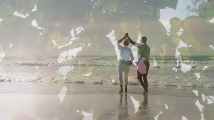 快乐的高级夫妇在海边跳舞时发光的动画