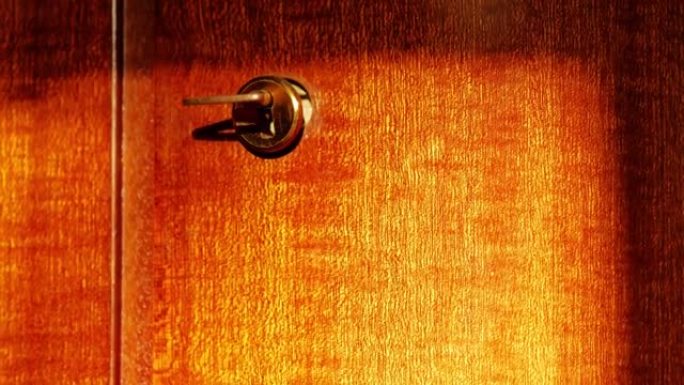钥匙在钥匙孔里。钥匙在老式衣柜门上。漆木