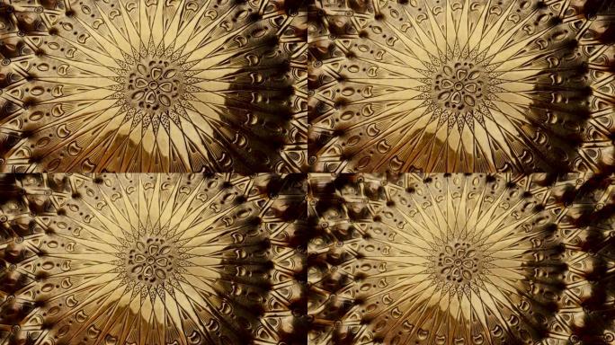 刻有花卉伊斯兰几何图案的黄铜板的抽象特写。